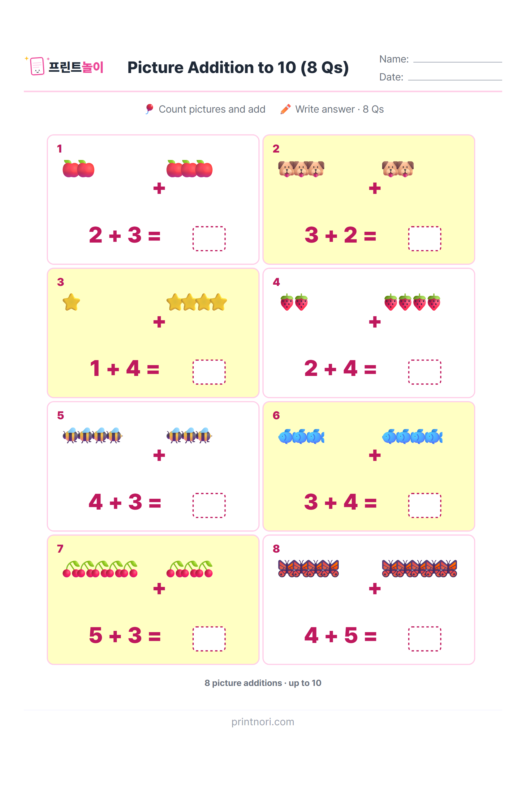 Picture Addition to 10 (8 Qs) - PrintNori | Free Printable Materials